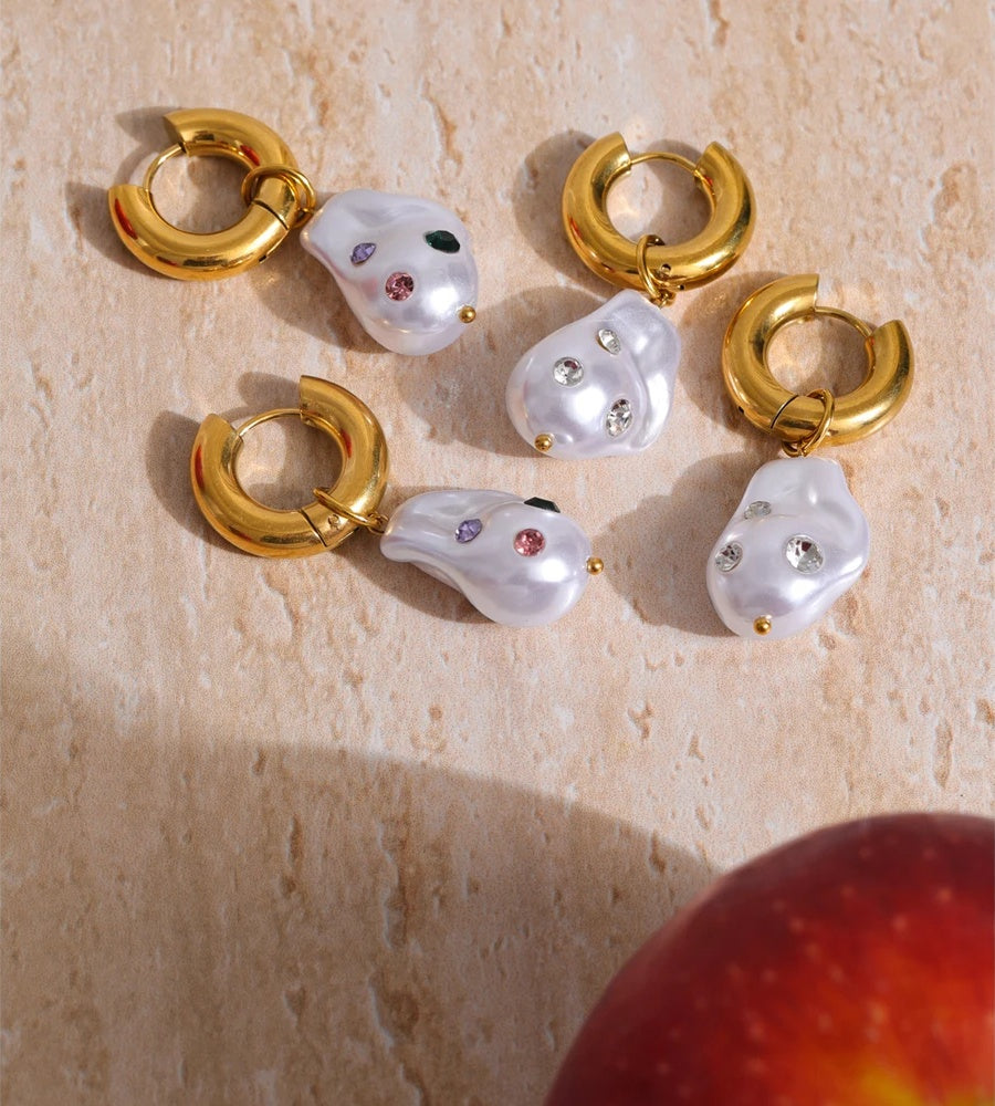 Baroque simulated pearl zirconia drop earrings - product image