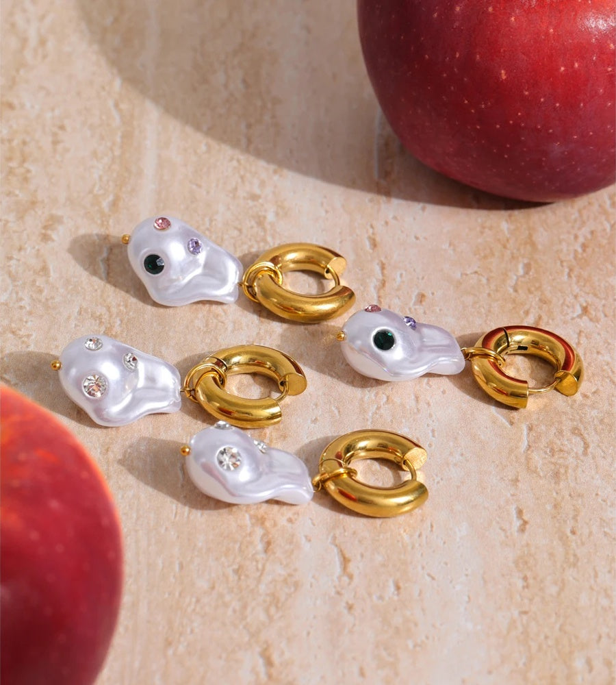 Baroque simulated pearl zirconia drop earrings - product image