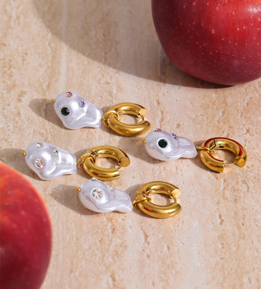 Baroque simulated pearl zirconia drop earrings - product image