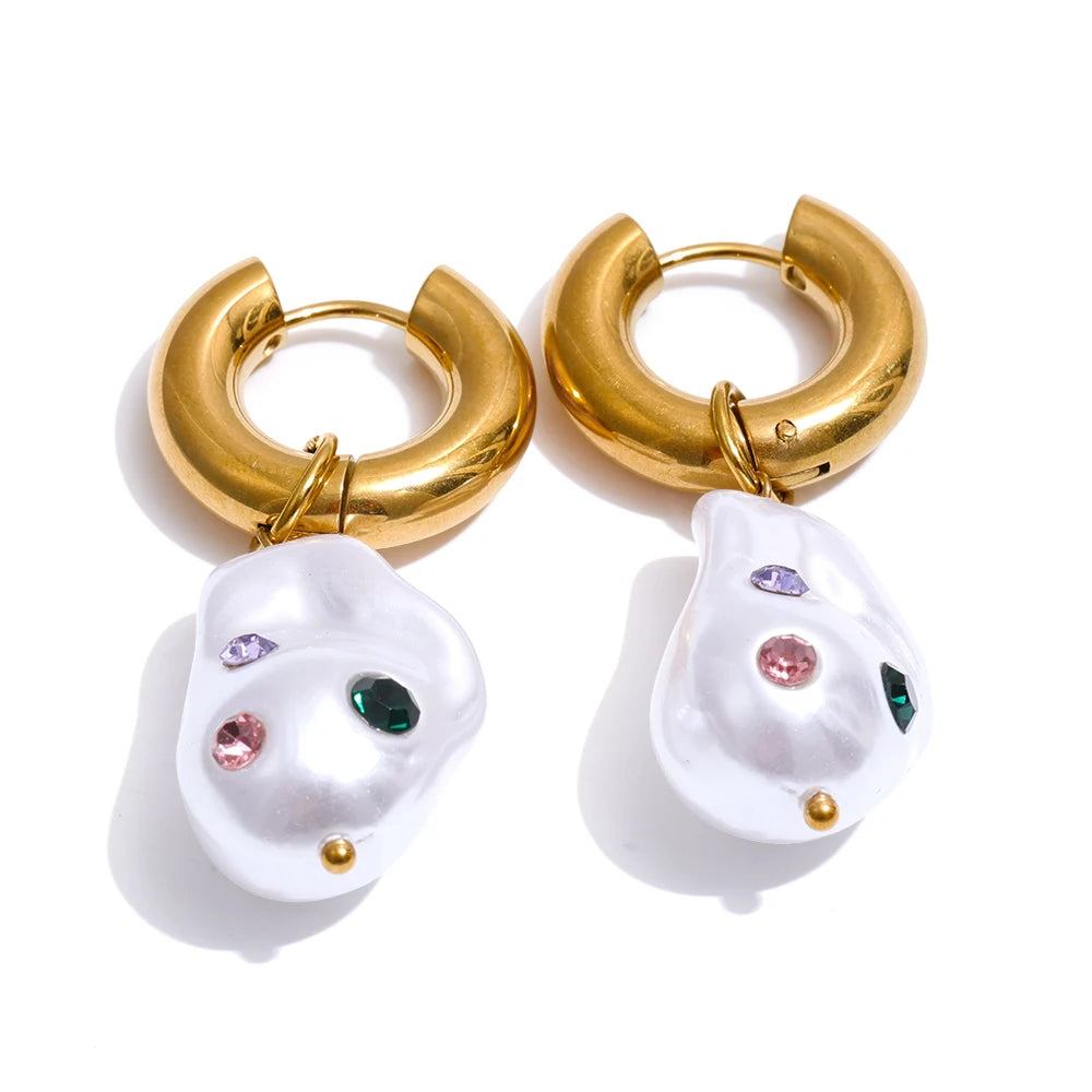 Baroque simulated pearl zirconia drop earrings - product image