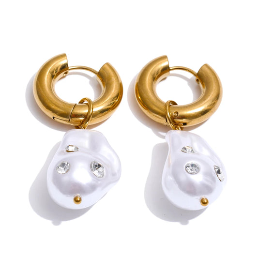 Baroque simulated pearl zirconia drop earrings - product image
