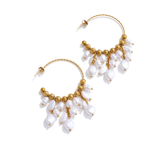 Baroque simulated pearls drop hoop earrings - product image