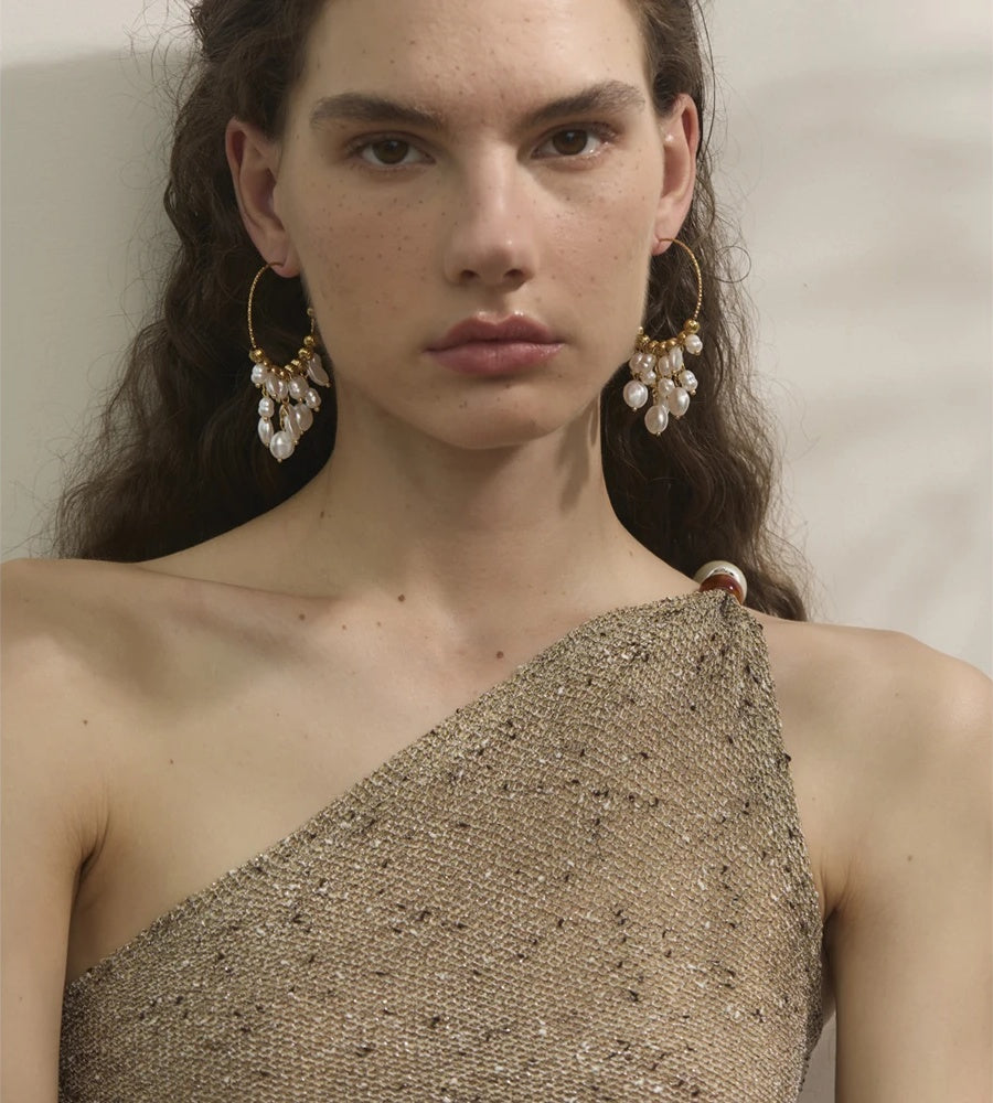 Baroque simulated pearls drop hoop earrings - product image