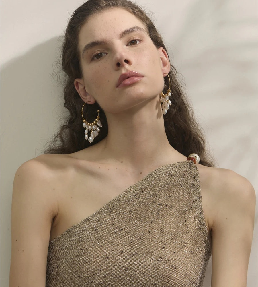 Baroque simulated pearls drop hoop earrings - product image