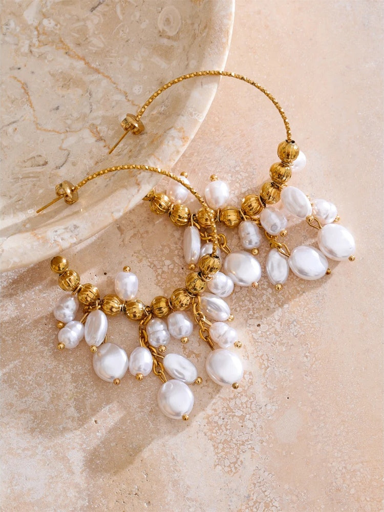 Baroque simulated pearls drop hoop earrings - product image