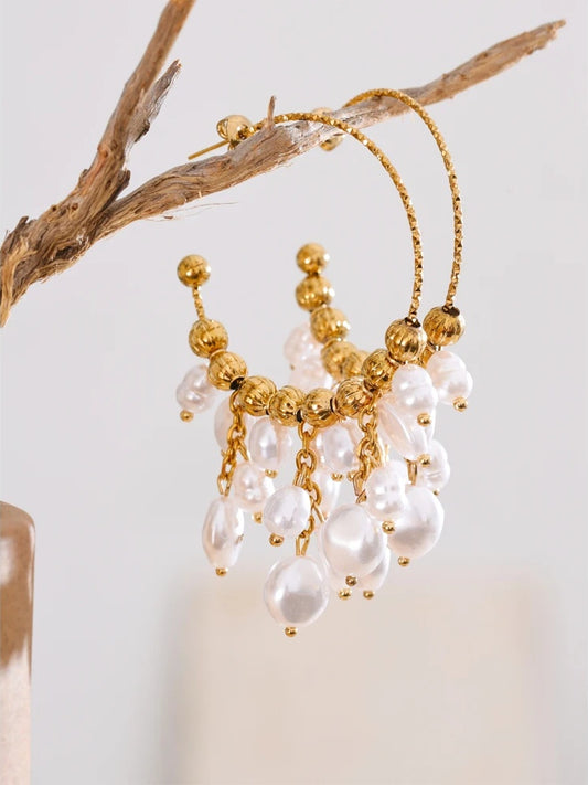Baroque simulated pearls drop hoop earrings - product image