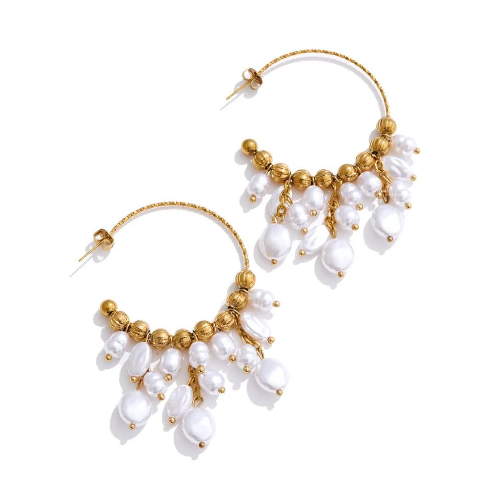 Baroque simulated pearls drop hoop earrings - product image