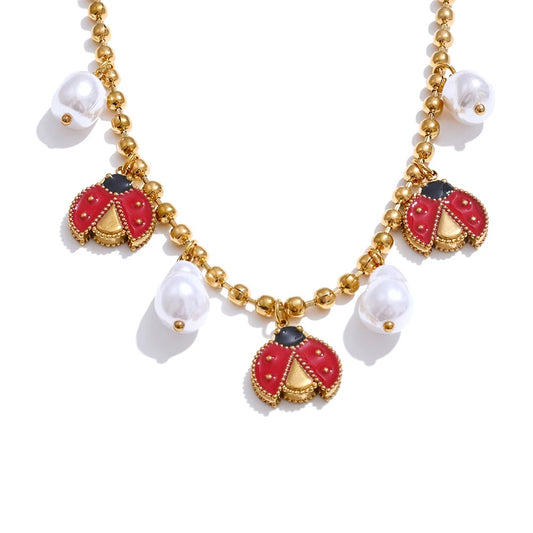 Baroque simulated pearls ladybird pendant necklace - product image