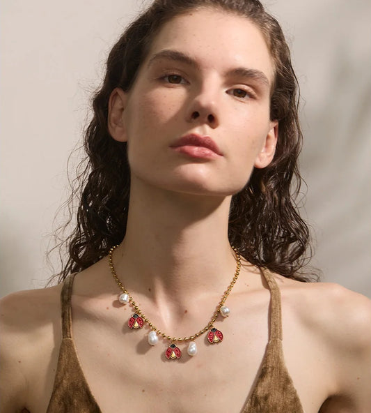 Baroque simulated pearls ladybird pendant necklace - product image