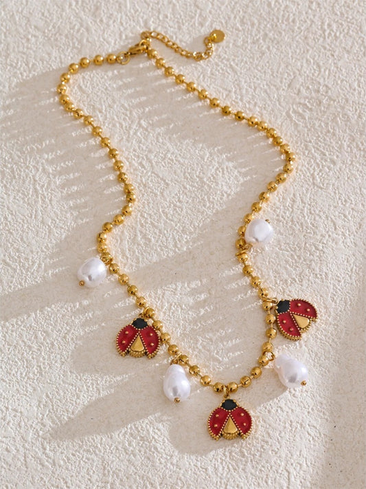 Baroque simulated pearls ladybird pendant necklace - product image
