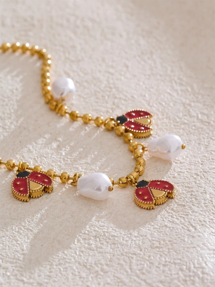 Baroque simulated pearls ladybird pendant necklace - product image