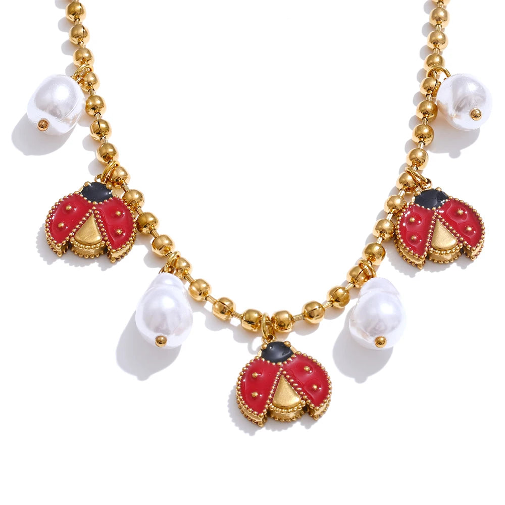 Baroque simulated pearls ladybird pendant necklace - product image