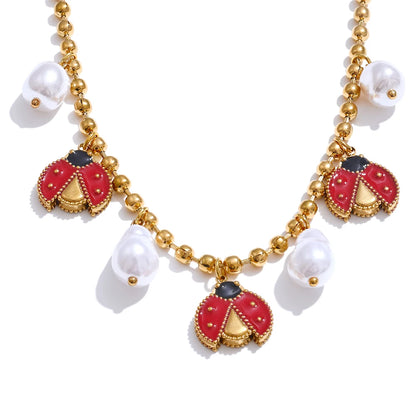 Baroque simulated pearls ladybird pendant necklace - product image