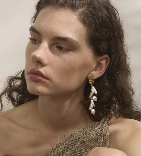 Baroque simulated pearls tassel drop earrings - product image