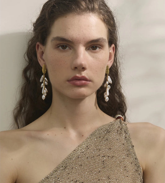 Baroque simulated pearls tassel drop earrings - product image