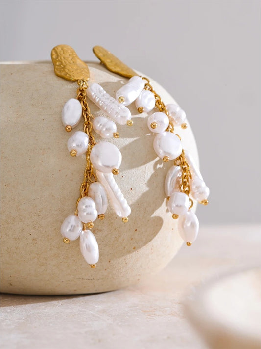 Baroque simulated pearls tassel drop earrings - product image