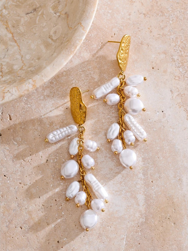 Baroque simulated pearls tassel drop earrings - product image