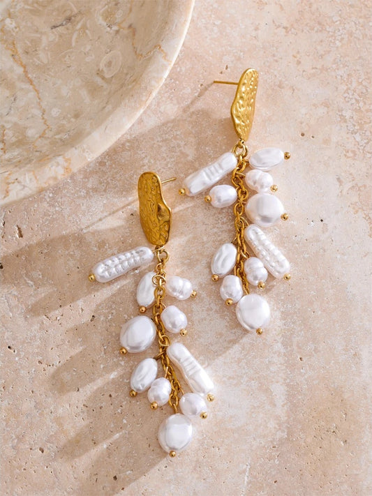 Baroque simulated pearls tassel drop earrings - product image