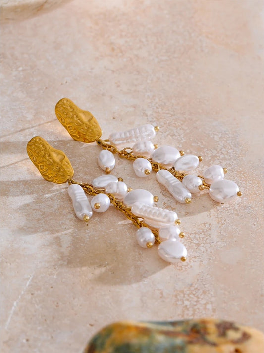 Baroque simulated pearls tassel drop earrings - product image