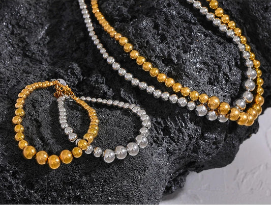 Beaded chain necklace bracelet unisex jewelry set - product image