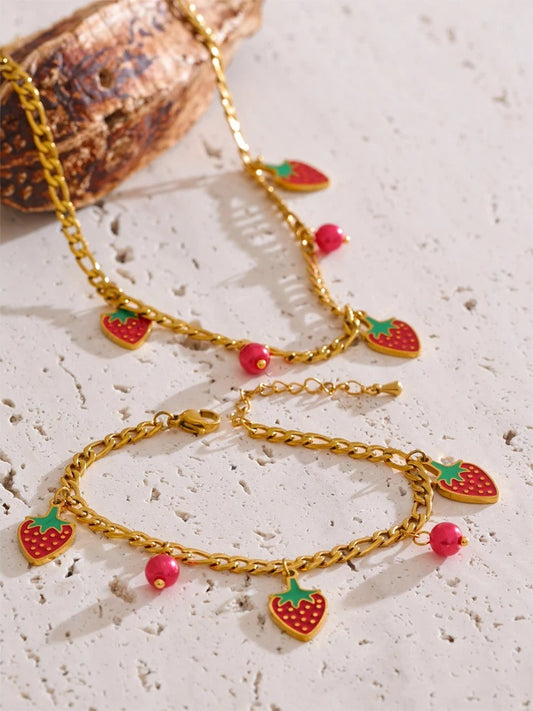 Beads fruit strawberry chain necklace bracelet set - product image