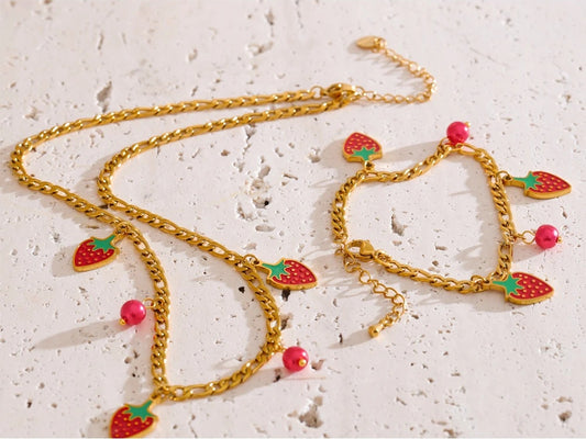 Beads fruit strawberry chain necklace bracelet set - product image