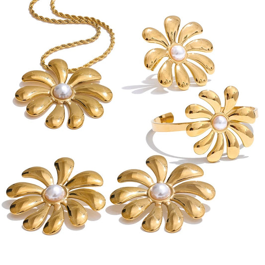 Big flower smooth necklace bracelet earrings ring set - product image