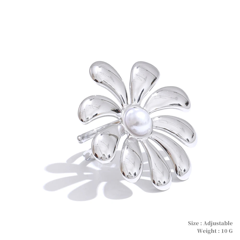Big flower smooth necklace bracelet earrings ring set - product image