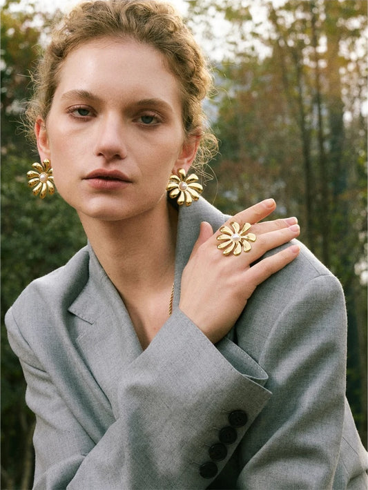 Big flower smooth necklace bracelet earrings ring set - product image