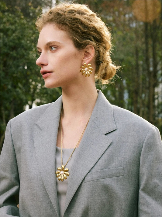 Big flower smooth necklace bracelet earrings ring set - product image