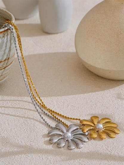 Big flower smooth necklace bracelet earrings ring set - product image