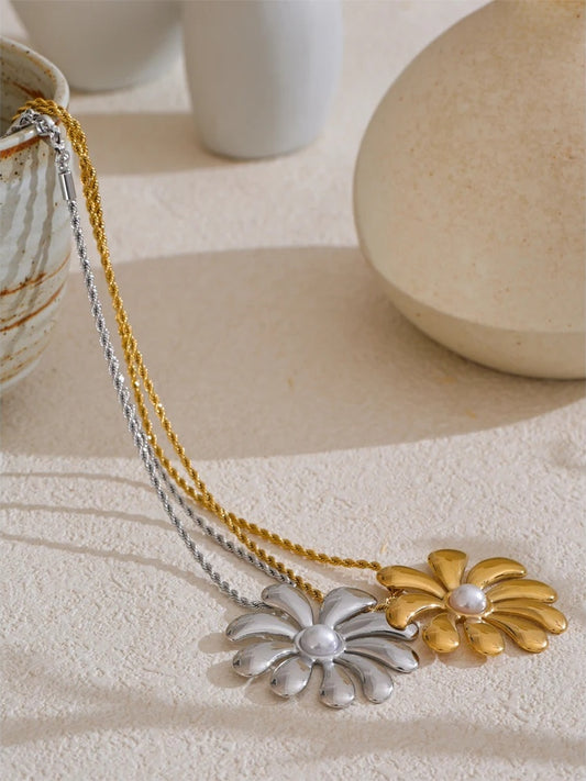 Big flower smooth necklace bracelet earrings ring set - product image