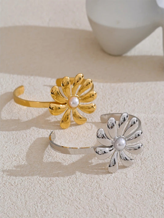 Big flower smooth necklace bracelet earrings ring set - product image