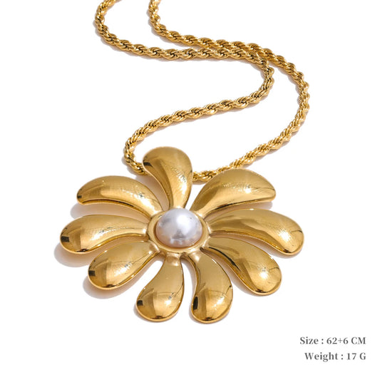 Big flower smooth necklace bracelet earrings ring set - product image