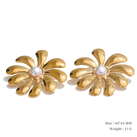 Big flower smooth necklace bracelet earrings ring set - product image