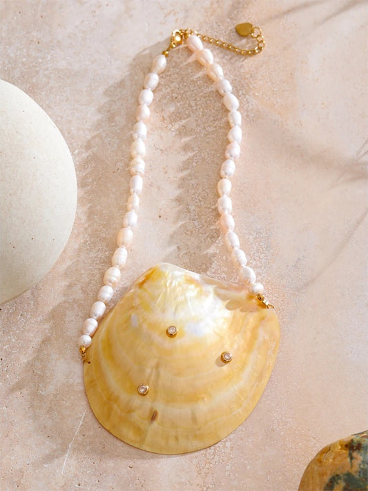Big shell freshwater pearl chain pendant necklace - product image
