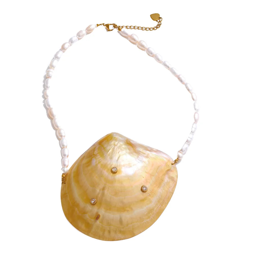 Big shell freshwater pearl chain pendant necklace - product image