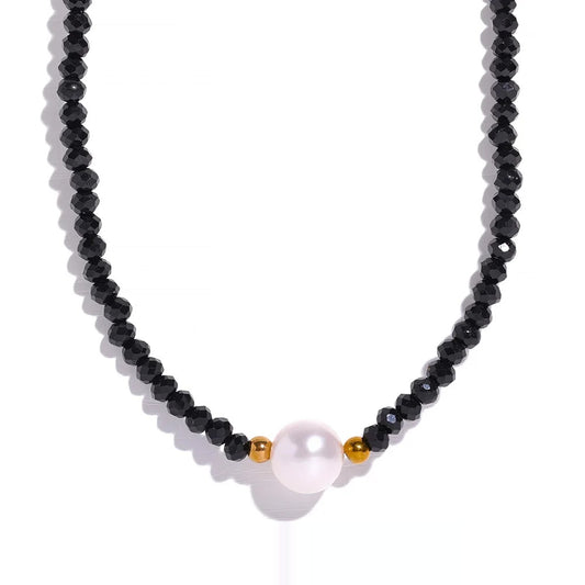 Black crystal beads natural pearl pendant necklace - product image