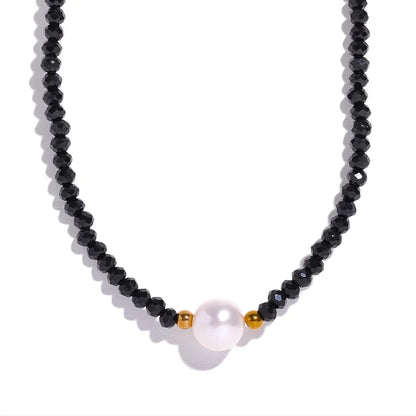 Black crystal beads natural pearl pendant necklace - product image