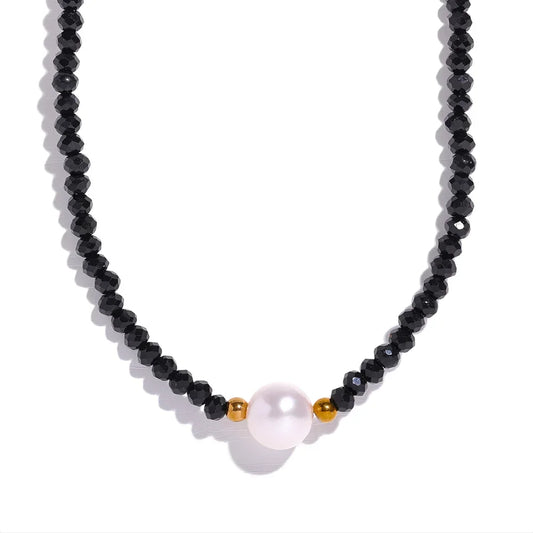 Black crystal beads natural pearl pendant necklace - product image