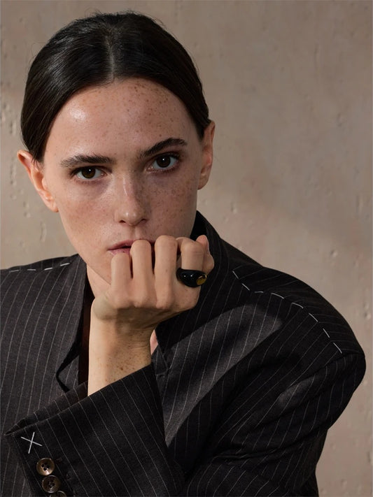 Black enamel abstract minimalist texture ring - product image