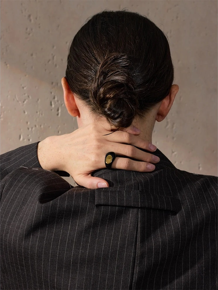 Black enamel abstract minimalist texture ring - product image