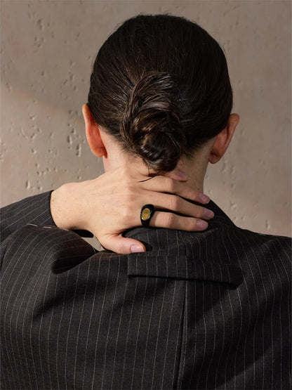 Black enamel abstract minimalist texture ring - product image