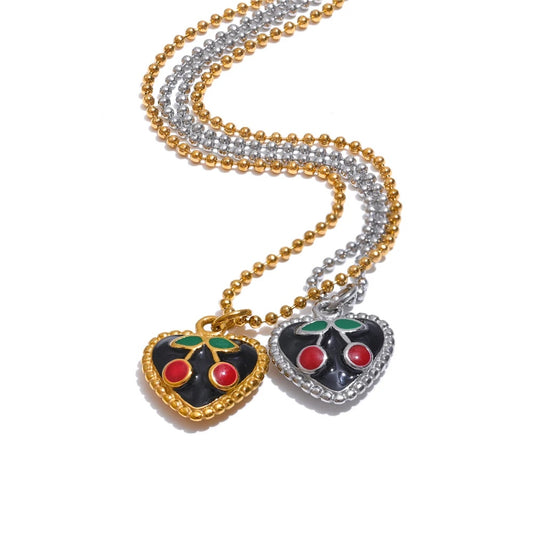 Black enamel cherry heart pendant necklace women - product image