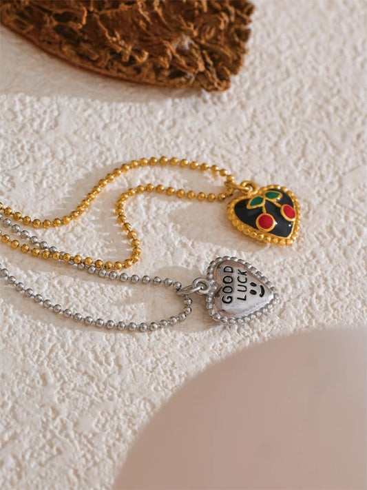 Black enamel cherry heart pendant necklace women - product image