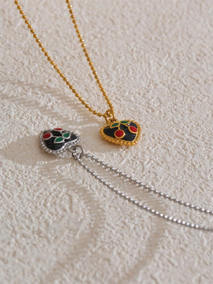 Black enamel cherry heart pendant necklace women - product image