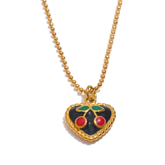 Black enamel cherry heart pendant necklace women - product image