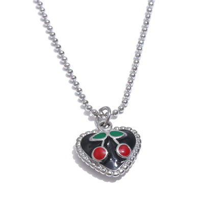 Black enamel cherry heart pendant necklace women - product image