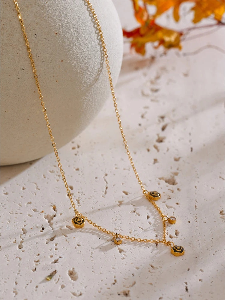 Black enamel flower zirconia chain necklace - product image