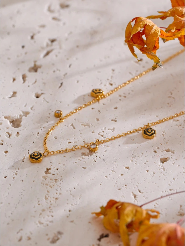 Black enamel flower zirconia chain necklace - product image